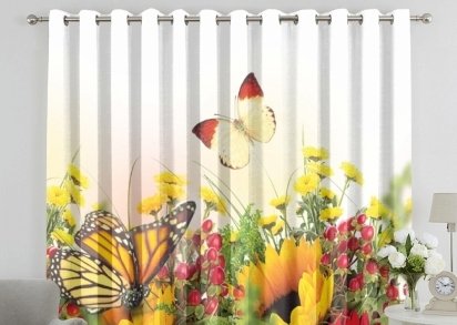 Фотошторы «Бабочки над яркими цветами»,Доступные материалы (Габардин,Сатен,Блэкаут)	