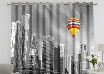Фотошторы «Воздушный шар в мегаполисе»,Доступные материалы (Габардин,Сатен,Блэкаут)