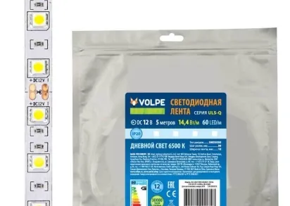 Светодиодная лента Volpe 14,4W/m 60LED/m 5050SMD холодный белый 5M ULS-Q221 5050-60LED/m-10mm-IP20-DC12V-14,4W/m-5M-6500K UL-00004352